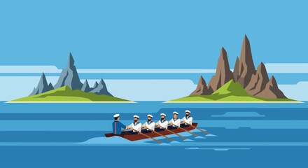 A team of rowers in unison navigate a long boat across a calm blue sea, with two distinct islands featuring jagged peaks in the background under a clear sky.