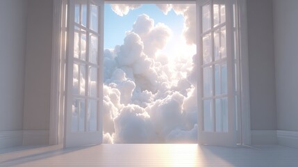 Obraz premium Open window with white wooden frame overlooking a bright sky filled with fluffy clouds and soft sunlight streaming in softly