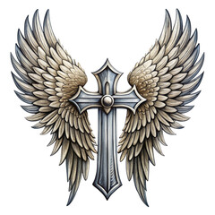 a majestic silver cross adorned with expansive angel wings