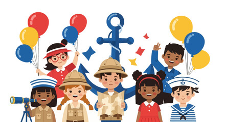 A diverse group of happy children in sailor and explorer costumes celebrating around a large blue anchor with balloons.