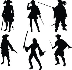 Pirate silhouettes, swashbuckler poses, weapon stance, historical costume, fantasy character, sword action, pistol, adventure, dramatic posture