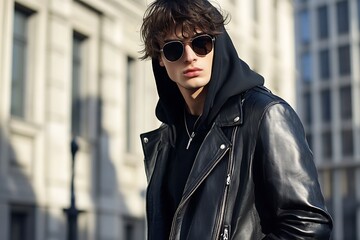 Stylish Man in Leather Jacket and Hoodie with Sunglasses in Urban Setting