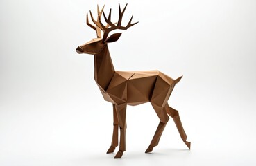 Geometric origami deer sculpture in profile stands elegantly on white background. Detailed paper craft, made from brown material, intricate folds, minimalist aesthetic. Clean, three-dimensional form