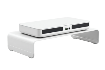 White media streamer on stand, office background