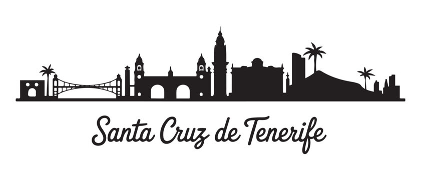 Santa Cruz de Tenerife skyline horizontal banner. Santa Cruz de Tenerife, Spain. Vector black silhouette. with white background
