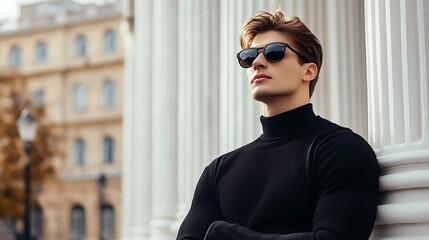 Stylish Man Leaning Against Columns in Black Turtleneck and Sunglasses Outdoors