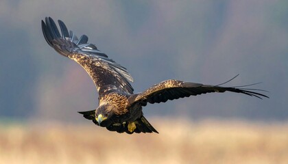 Fototapeta premium águila real (Aquila chrysaetos) en primer plano, volando con las alas extendidas y mostrando su envergadura imponente. Se aprecian en detalle las plumas marrones oscuras con tonos dorados en la cabeza
