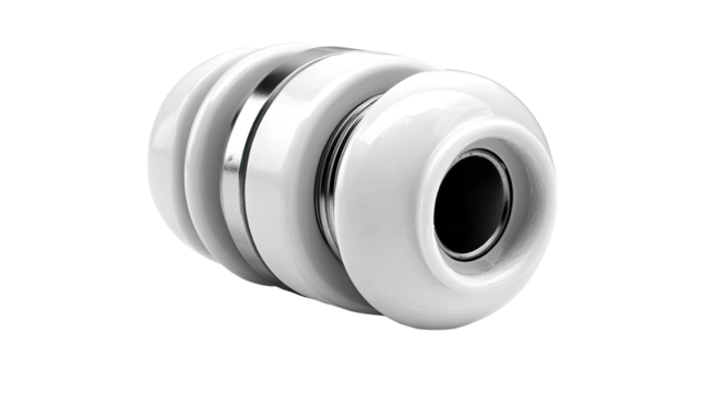 White ceramic cable gland, studio shot, industrial background, electrical fitting