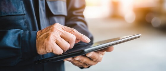 Close-up of a mature person's hand interacting with a tablet device in a bright modern environment for technology and communication concept