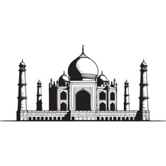 Vector art of stylized black and white illustration of the taj mahal, an iconic ivorywhite marble mausoleum on the south bank of the yamuna river in the indian city of agra