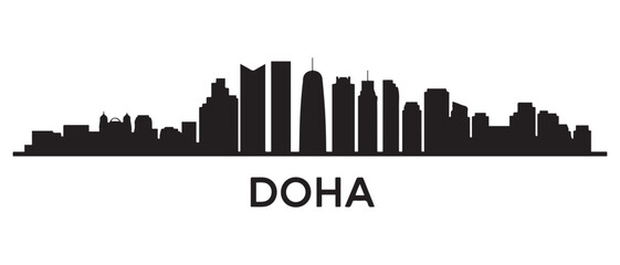 Fototapeta premium Panoramic View of Downtown Doha Skyline. Doha city black silhouette skyscrapers and buildings. Long cityscape. Vector black silhouette. with white background
