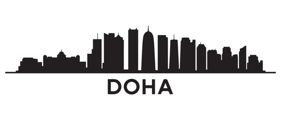 Obraz premium Panoramic View of Downtown Doha Skyline. Doha city black silhouette skyscrapers and buildings. Long cityscape. Vector black silhouette. with white background