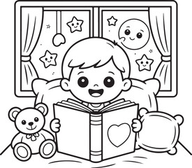 Cute Cartoon Kid Reading Storybook on Bedtime