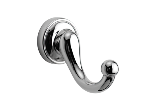Polished chrome wall hook with a decorative, curved design