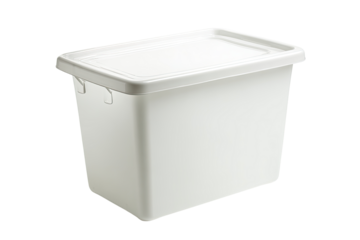 White plastic storage bin on white background, indoor