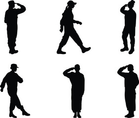 Saluting silhouettes, military gesture, standing pose, walking figure, uniformed stance, respectful action, body language, honor, discipline, formality