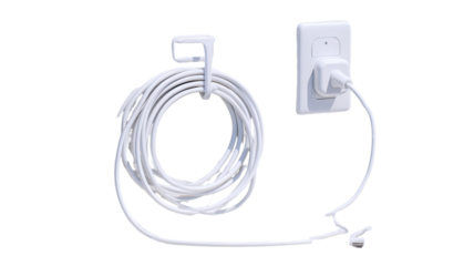 White sensor cable coiled, wall-mounted, black background, security system