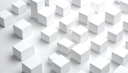 Obraz premium An abstract composition of white cubes scattered across a white surface, creating a geometric pattern. Some cubes are taller than others. 