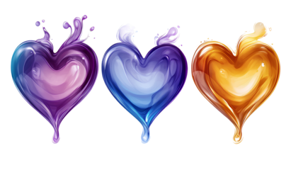 colorful vector design of three heart shapes with shiny, flowing curves that resemble the appearance of liquid or paint on them. each shape isolated on a transparent background.