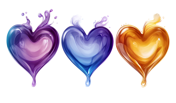 colorful vector design of three heart shapes with shiny, flowing curves that resemble the appearance of liquid or paint on them. each shape isolated on a transparent background. - Powered by Adobe