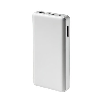 Rectangular, white portable battery pack.  Features ports for charging