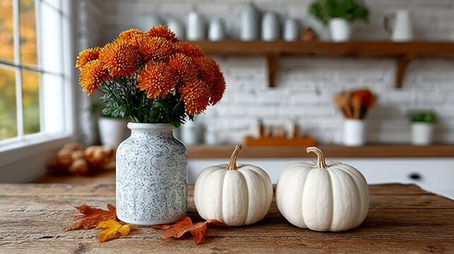Vase of orange flowers sits on a table next to two white pumpkins. The scene is warm and inviting, with the bright colors of the flowers and pumpkins creating a cheerful atmosphere