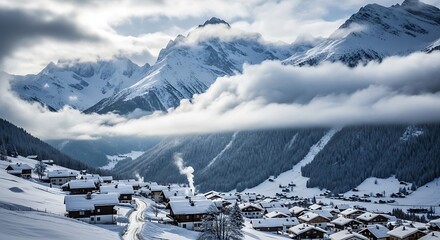 Snowy Alpine Village Winter Landscape.