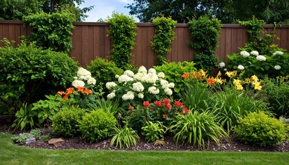 Serene Garden Display with Colorful Blossoms and Lush Greenery Landscape