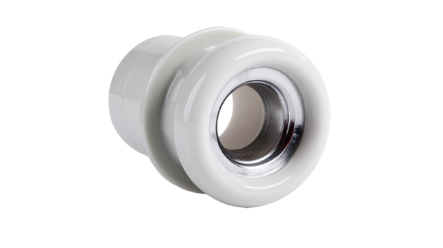 White ceramic bath spout, chrome detail, studio shot, plumbing parts