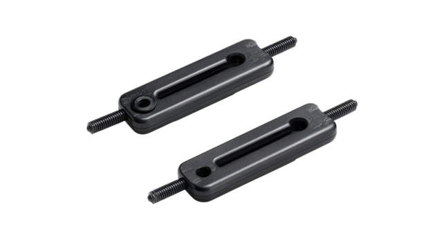 Two black plastic fastening components.  Each piece has a slot and two small, cylindrical projections