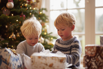 children opening gifts with excitement, wrapping paper everywhere, real family moment, festive