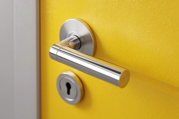 Yellow color door, silver latch. Colorful front door, doorknob and keyhole, white wall. Traditional handle with lock. Metal hardware. Close-up vibrant colored front door detail. Modern house exterior.