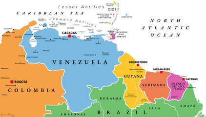 Venezuela and The Guianas, multi colored political map. Geographical region in north-eastern South America, consisting of Venezuela and The three Guianas Guyana, Suriname, and French Guiana. Vector