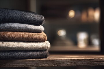 Warmly stacked sweaters. Natural Earthy Colors. Clothing rack. Winter season knitwear stacking in a closet. Autumn clothes. Cozy display. Stack of folded wear showcasing warmth style for fall season.