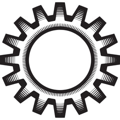 Vector art of a black and white graphic illustration of a single gear with detailed teeth and a circular inner rim, , representing industry, mechanics, and engineering concepts