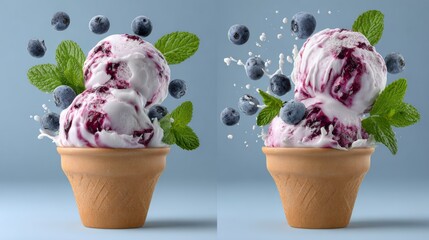 Two images of ice cream in a waffle cone with blueberries and mint leaves. The first image has a more subdued mood, while the second has a more vibrant and lively feel