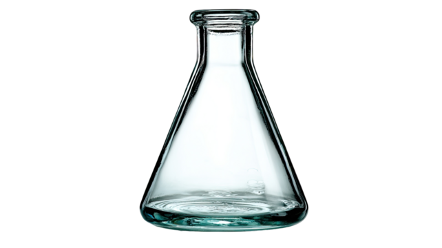 Empty glass Erlenmeyer flask on black background; science lab