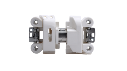 White dual-axis hinge mechanism, studio shot, engineering,  industrial design