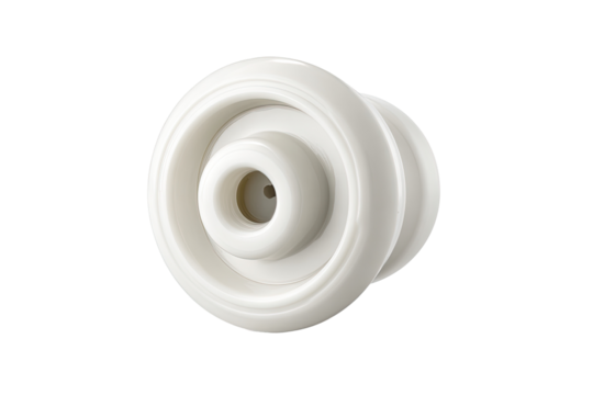White plastic valve, close-up studio shot, clean background, industrial parts