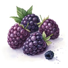 Watercolor Illustration of Fresh Blackberries with Green Leaves Perfect for Summer Fruit Designs and Recipes