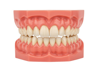 Isolated teeth model shows upper and lower jaw with teeth and gums for education purposes