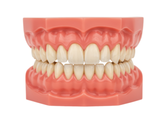 Isolated teeth model shows upper and lower jaw with teeth and gums for education purposes
