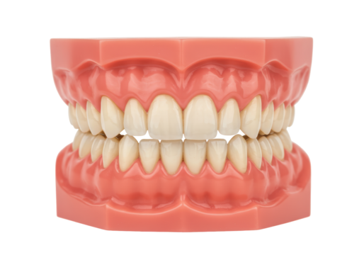 Isolated teeth model shows upper and lower jaw with teeth and gums for education purposes