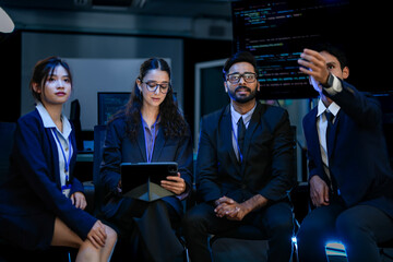 A development team participates in a project debriefing in a corporate command center. They are analyzing post-launch metrics and discussing the next development sprint and strategy.