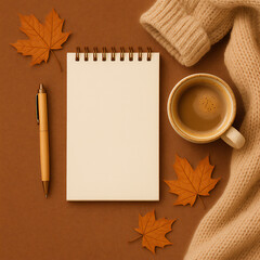 Cozy Autumn Flatlay with Coffee, Knit Sweater, and Blank Notepad