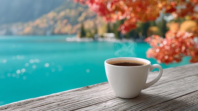 Cup of coffee is sitting on a wooden table by a lake. The coffee is steaming and the view of the lake is serene and peaceful - Powered by Adobe
