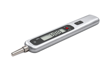 A hand-held, digital pressure gauge.  Sleek, silver-toned device.  Display shows numerical pressure reading.  Small, round button visible