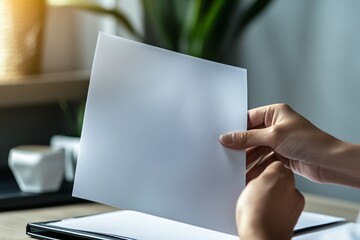 Hands holding a blank white sheet of paper indoors with blurred background.