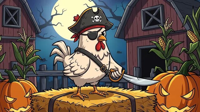 Pirate chicken in a Halloween barnyard with pumpkins and corn