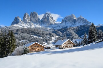 Winter Mountain Landscape Snowy Chalets with Majestic Peaks and Forest on a Sunny Day